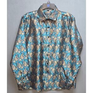 Barry Wang Shirt Mens Large Blue Paisley Silk Blend Button Down Dress
